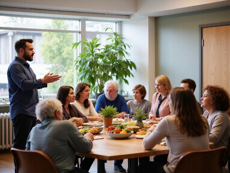 Un gruppo eterogeneo di persone di diverse età che partecipano a un workshop sulla nutrizione in un ambiente luminoso e accogliente, con un professionista che spiega concetti alimentari.