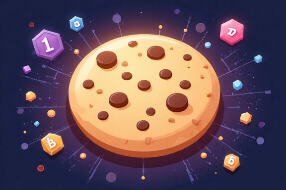 Illustrazione di un cookie digitale con icone di privacy e dati