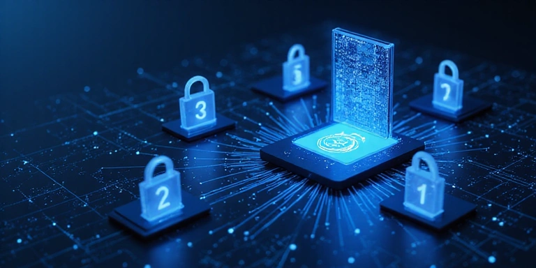 Un'immagine concettuale di sicurezza dei dati con scudi, lucchetti e un firewall digitale che protegge i dati.