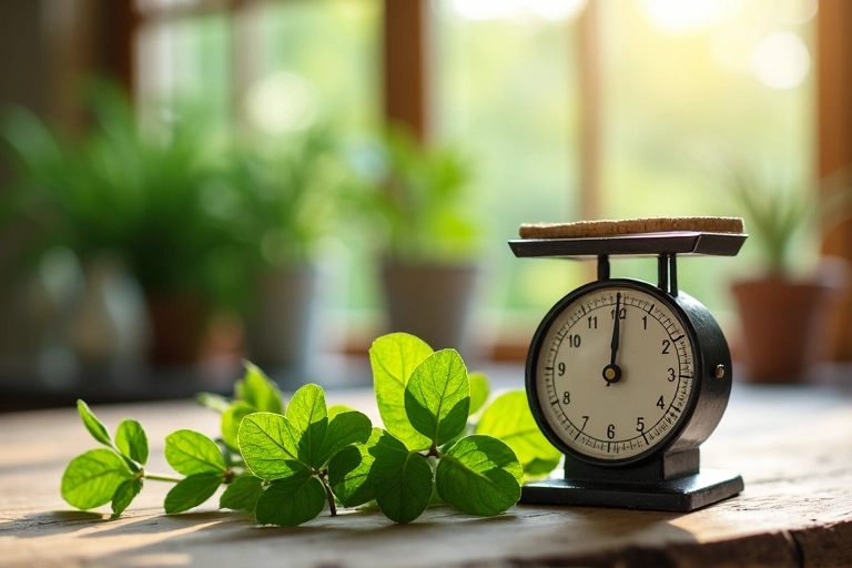 Foglie verdi e bilancia da cucina che simboleggiano salute e equilibrio